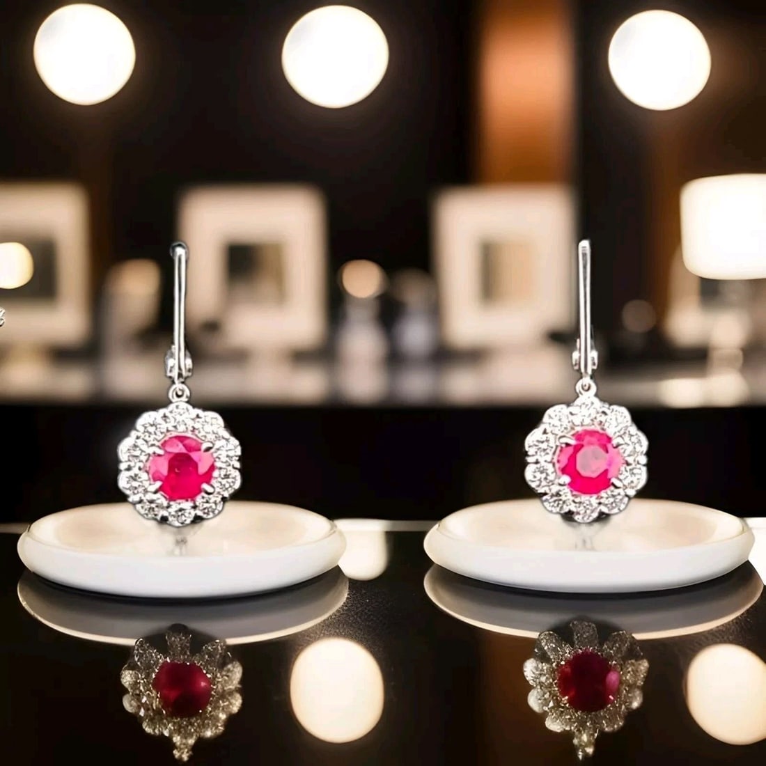 14K WHITE GOLD LAB GROWN RED RUBY DROPS EARRINGS 2.47CT ROUND SHAPE: 14K WHITE GOLD NATURAL RED RUBY DROPS EARRINGS 2.47CT ROUND SHAPE Gorgeous 14k white gold natural red ruby earrings 2.74ct total weight natural heated ruby round shape ,size 6mm Very clean, nice cut,v