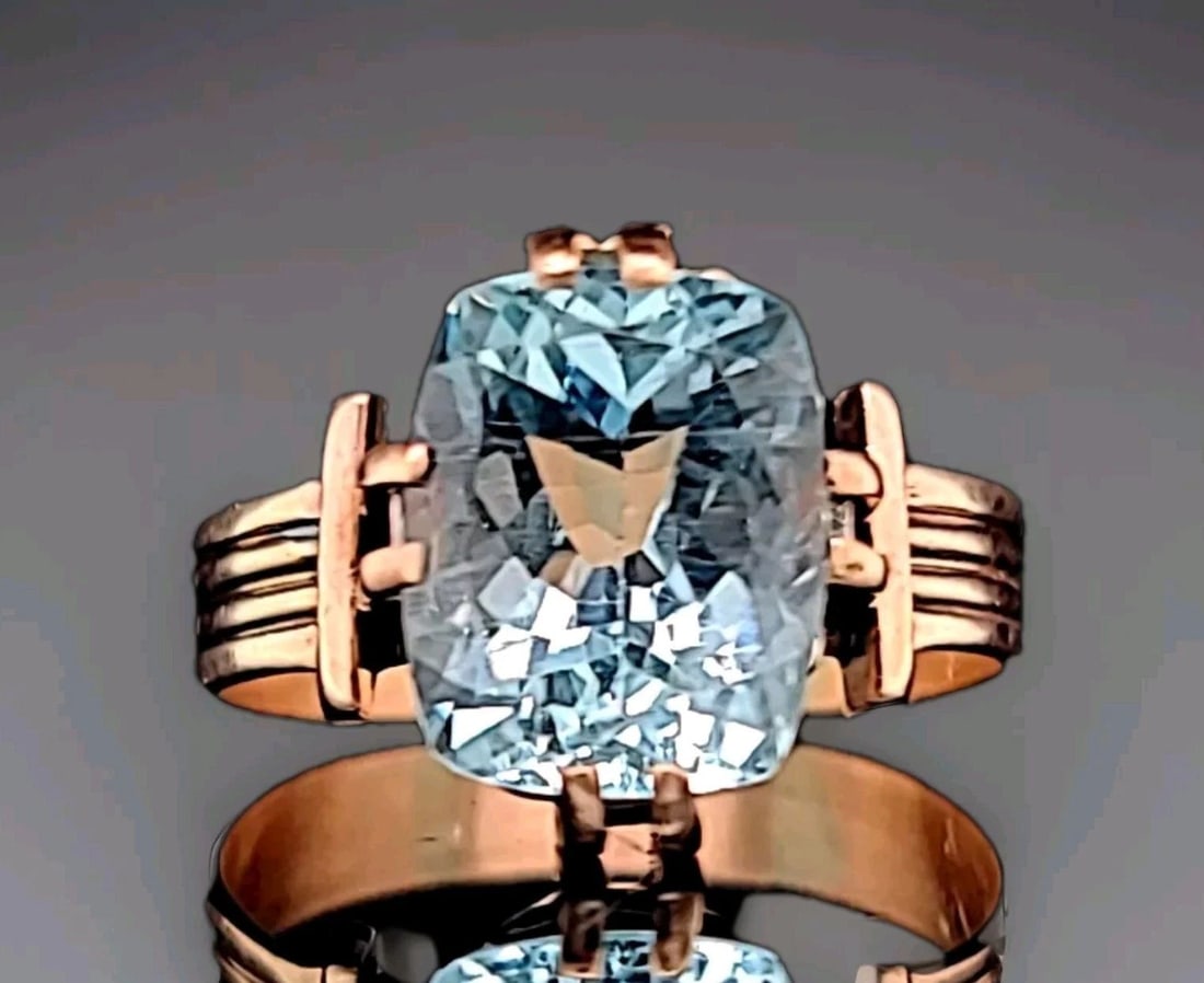 14K VINTAGE ROSE GOLD RING 3.18CT. NATURAL AQUAMARINE CUSHION CUT CIRC 1920'S (1 of 2)