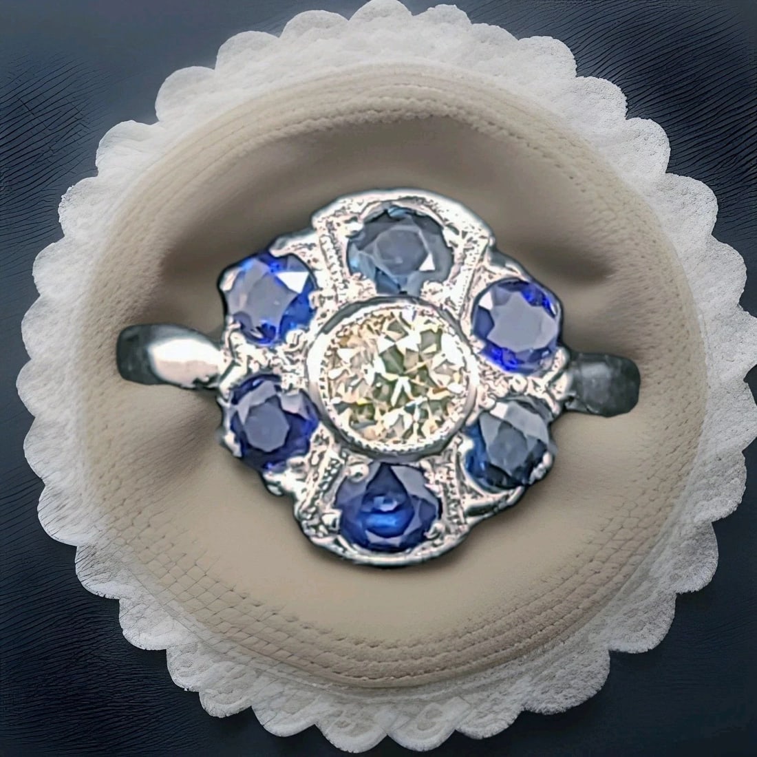PLATINUM VINTAGE ENGAGEMENT RING 1.79CT. NATURAL BLUE SAPPHIRE OLD EURO DIAMOND (1 of 2)