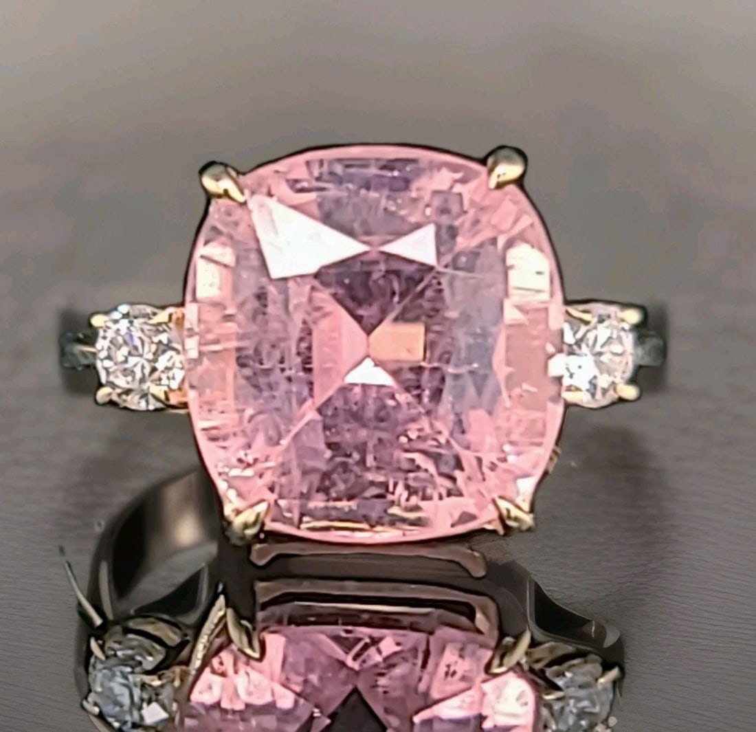 VINTAGE 14K YELLOW GOLD ENGAGEMENT RING 9.07CT. NATURAL PINK TOURMALINE CUSHION: VINTAGE 14K YELLOW GOLD ENGAGEMENT RING 9.07CT. NATURAL PINK TOURMALINE CUSHION This Vintage 14k Yellow Gold Engagement Ring features a stunning 9.07ct. Natural Pink Tourmaline in a cushion shape. The