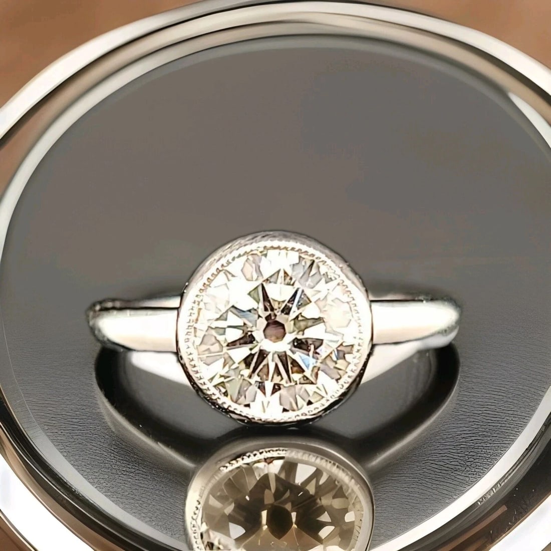 VINTAGE PLATINUM ENGAGEMENT BEZEL RING 2.01CT.LAB GROWN EURO CUT ROUND DIAMOND: VINTAGE PLATINUM ENGAGEMENT BEZEL RING 2.01CT.LAB GROWN EURO CUT ROUND DIAMOND Stunning Vintage platinum engagement ring center set Lab-grown round euro cut diamond weight 2.01ct. SIZE 7.9mm VS1-K col