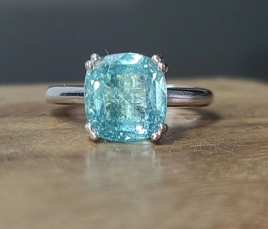 VINTAGE 14K WHITE GOLD ENGAGEMENT RING 5.50CT.BLUE TURQUOISE TOURMALINE CUSHION: VINTAGE 14K WHITE GOLD ENGAGEMENT RING 5.50CT.BLUE TURQUOISE TOURMALINE CUSHION Gorgeous 14k white gold vintage engagement ring gem turquoise Caribbean blue tourmaline in cushion shape Center natural