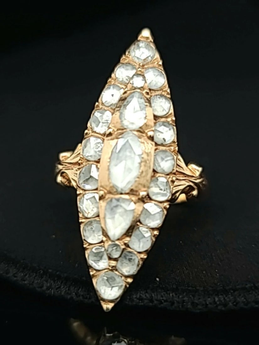 1.94CT. ANTIQUE ROSE-CUT DIAMOND NAVETTE RING VICTORIAN CIRC 1900'S: 1.94CT. ANTIQUE ROSE-CUT DIAMOND NAVETTE RING VICTORIAN CIRC 1900'S 1.94ct. ANTIQUE ROSE-CUT DIAMOND DINNER RING Victorian circ 1900's A rare and radiant, navette-shaped, early-Victorian diamond dinne