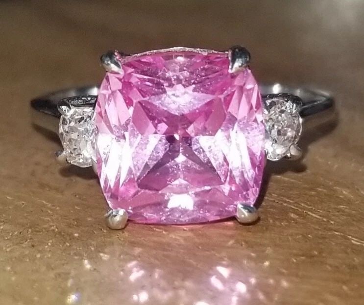 VINTAGE 14K WHITE GOLD ENGAGEMENT RING 4.93CT.PINK SAPPHIRE CUSHION SHAPE (1 of 2)