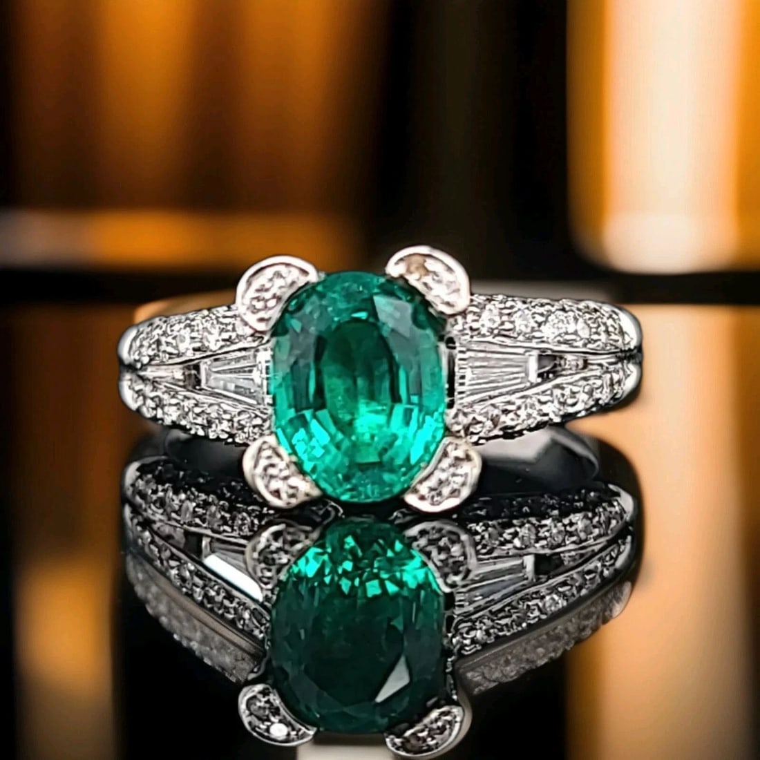 18K WHITE GOLD ENGAGEMENT RING 2.33CT. GEM GREEN EMERALD OVAL SHAPE (1 of 2)