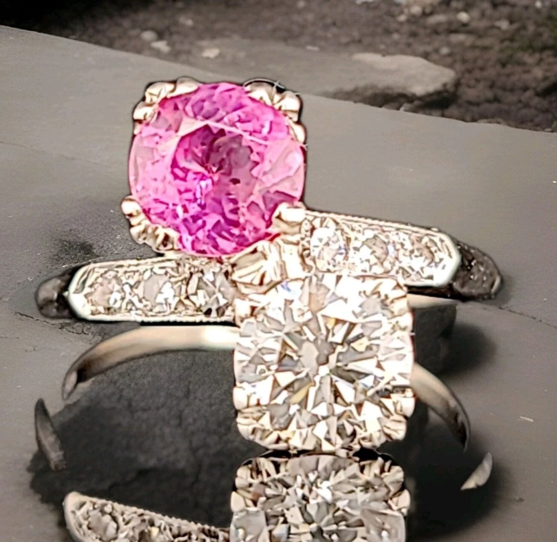 VINTAGE 14K WHITE GOLD ENGAGEMENT RING 2.67CT. NATURAL ROUND PINK TOURMALINE: VINTAGE 14K WHITE GOLD ENGAGEMENT RING 2.67CT. NATURAL ROUND PINK TOURMALINE This Vintage 14k White Gold Engagement Ring features a beautiful 1.32CT natural round pink tourmaline as the main stone.and