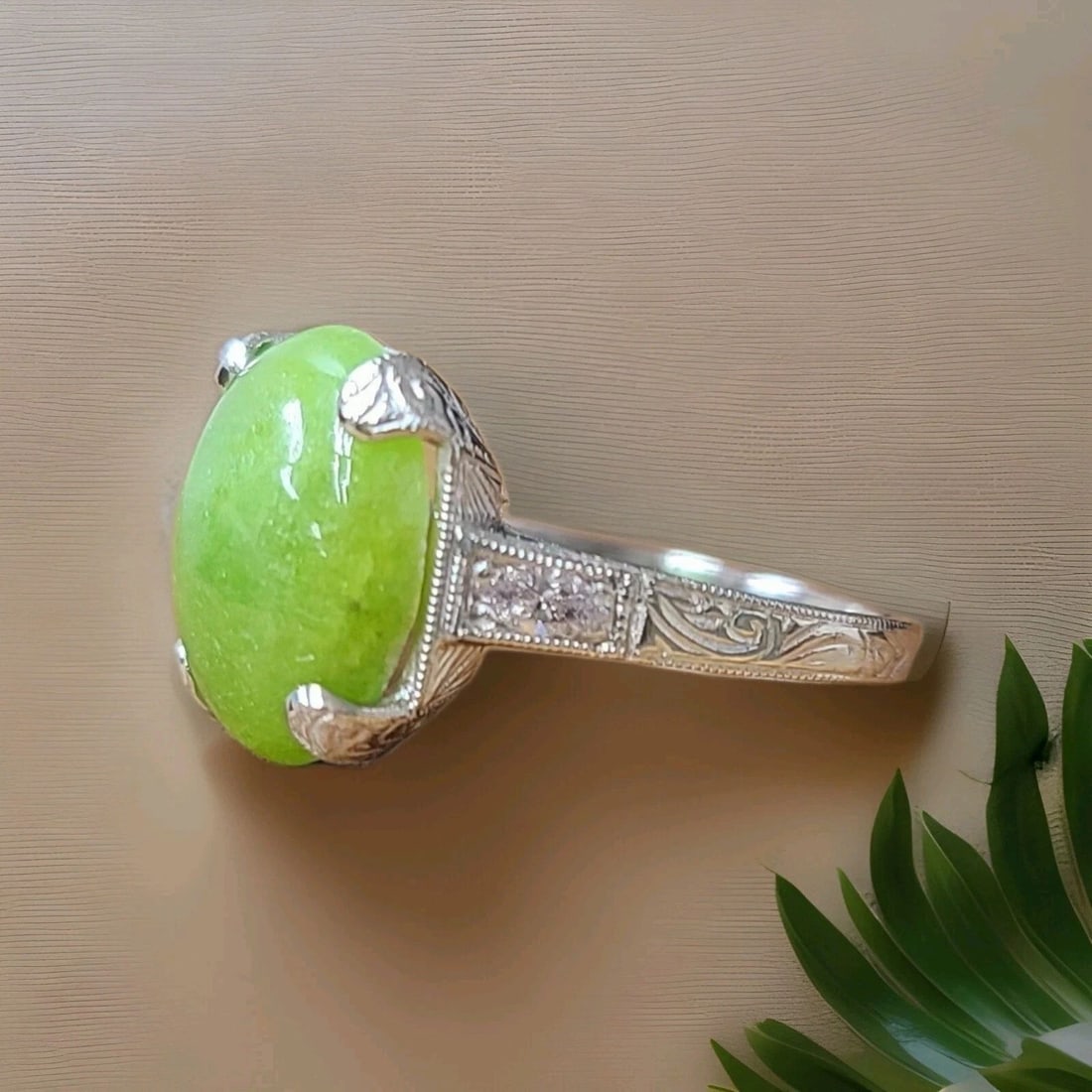 3.65CT. ANTIQUE ART DECO FILIGREE PLATINUM RING NATURAL GREEN JADE GIA CERT (1 of 2)