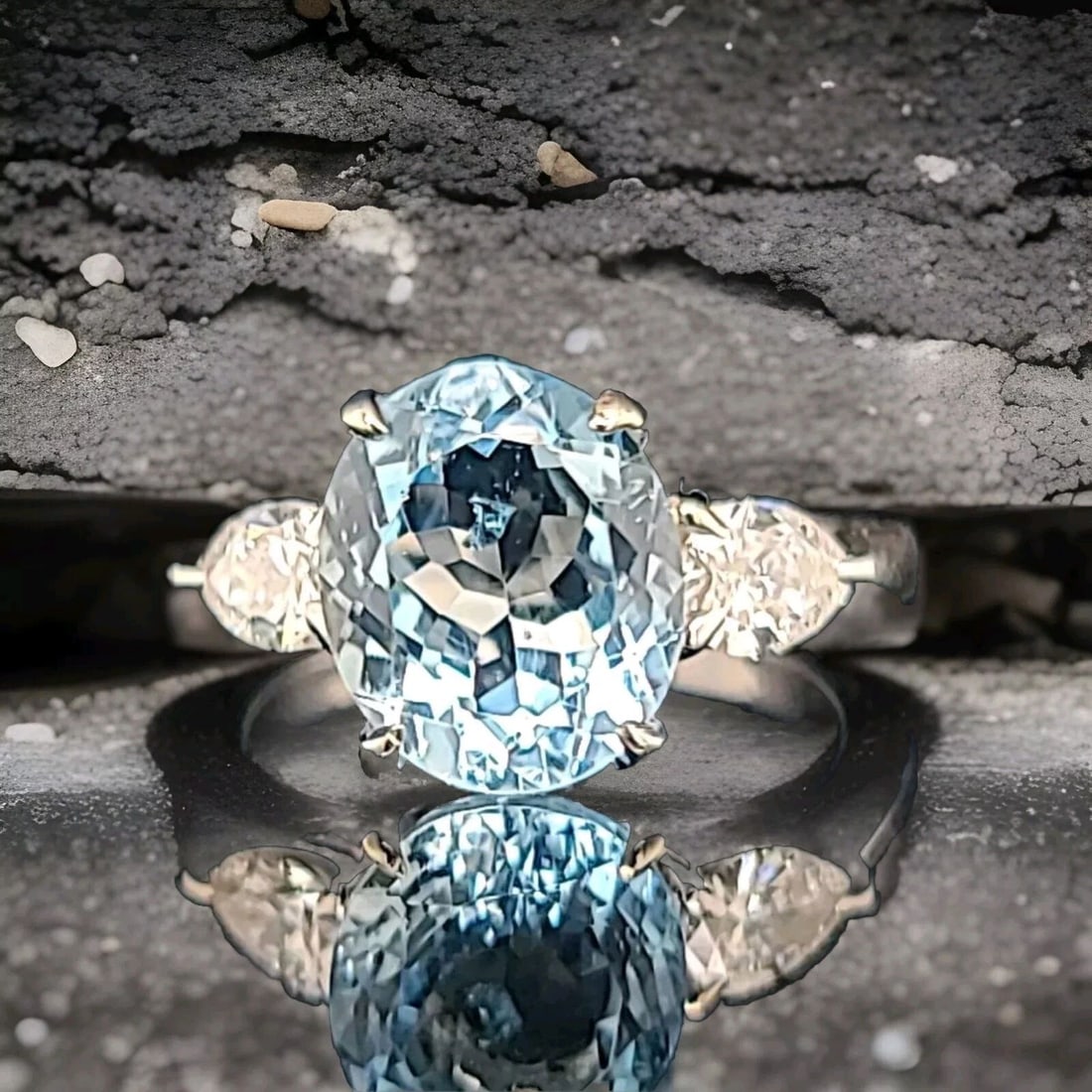 VINTAGE 14K WHITE GOLD ENGAGEMENT RING 3.02CT. NATURAL SKY BLUE AQUAMARINE OVAL: VINTAGE 14K WHITE GOLD ENGAGEMENT RING 3.02CT. NATURAL SKY BLUE AQUAMARINE OVAL This stunning vintage engagement ring features a beautiful oval-shaped natural sky blue aquamarine stone, which is 3.02