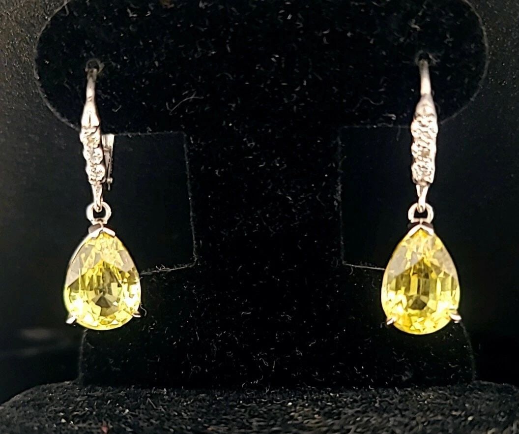14K WHITE GOLD GEM YELLOW SAPPHIRE EARRINGS 6.78CT PEAR SHAPE (1 of 2)