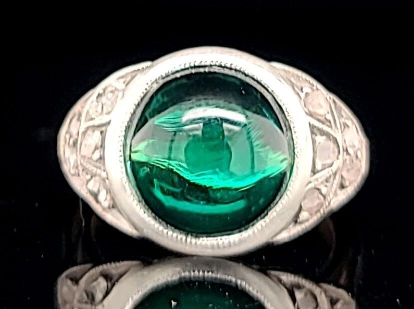 4.02CT. GEORGIAN LAB EMERALD RING ROSE CUT DIAMOND 14K & SILVER CIRC 1800'S (1 of 2)