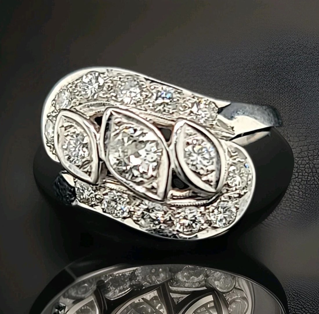 14K WHITE GOLD VINTAGE DIAMOND RING EURO CUT DIAMOND 0.90CT CIRC 1950'S (1 of 2)