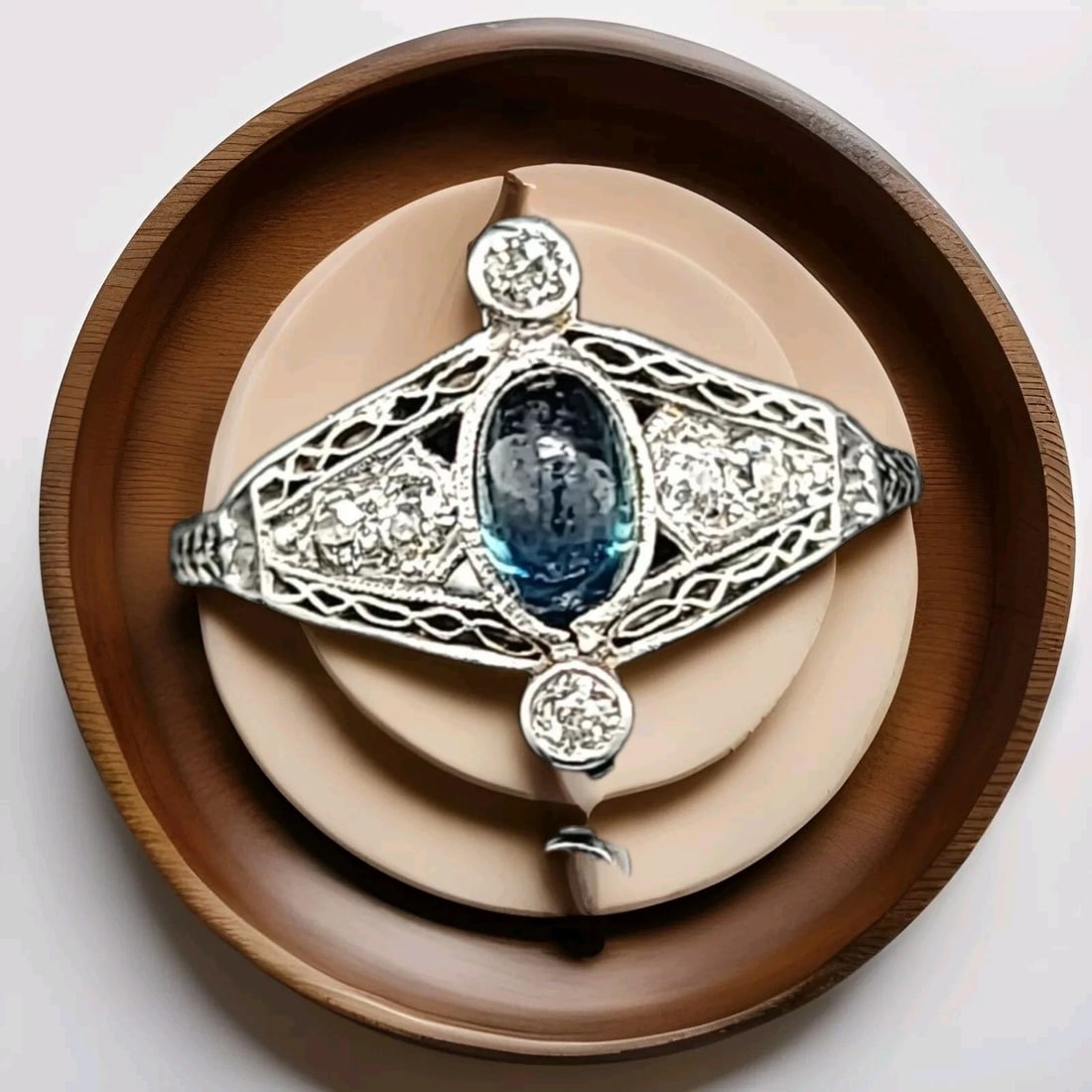 VINTAGE FILIGREE PLATINUM RING 1.28CT. NATURAL BLUE SAPPHIRE CABOCHON SHAPE: VINTAGE FILIGREE PLATINUM RING 1.28CT. NATURAL BLUE SAPPHIRE CABOCHON SHAPE Gorgeous Vintage art deco filigree Platinum ring blue sapphire in cabochon oval shape circ 1920's center natural sapphire we