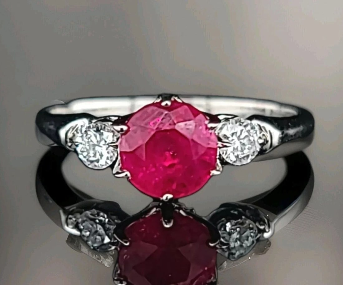 14K WHITE GOLD VINTAGE 1.38CT LAB-GROWN ROUND RUBY ENGAGEMENT RING (1 of 2)