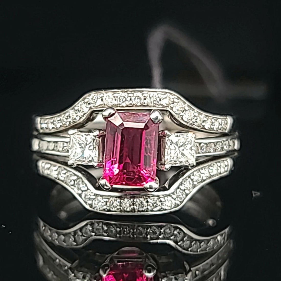 14K WHITE GOLD ENGAGEMENT RING 1.75CT NATURAL PINK RUBELLITE TOURMALINE: 14K WHITE GOLD ENGAGEMENT RING 1.75CT NATURAL PINK RUBELLITE TOURMALINE GORGEOUS 14K white gold natural tourmaline ring center natural rubelite tourmaline pink color in emerald cut weight 1.03ct. size