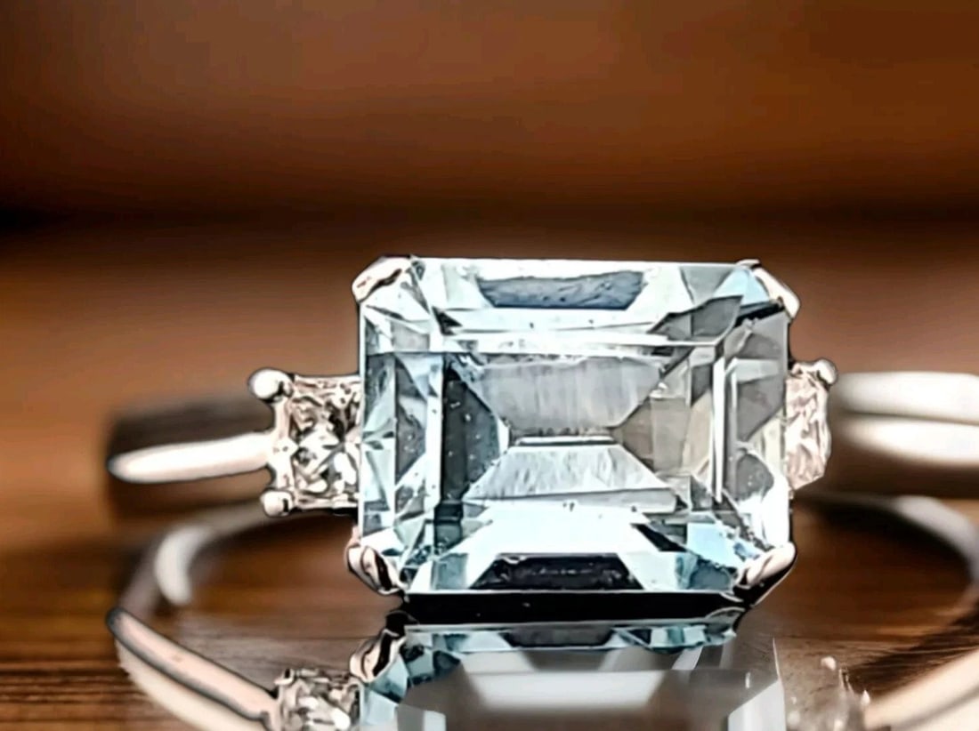 VINTAGE PLATINUM ENGAGEMENT RING 2.51CT. NATURAL SKY BLUE AQUAMARINE EMERALD CUT (1 of 2)