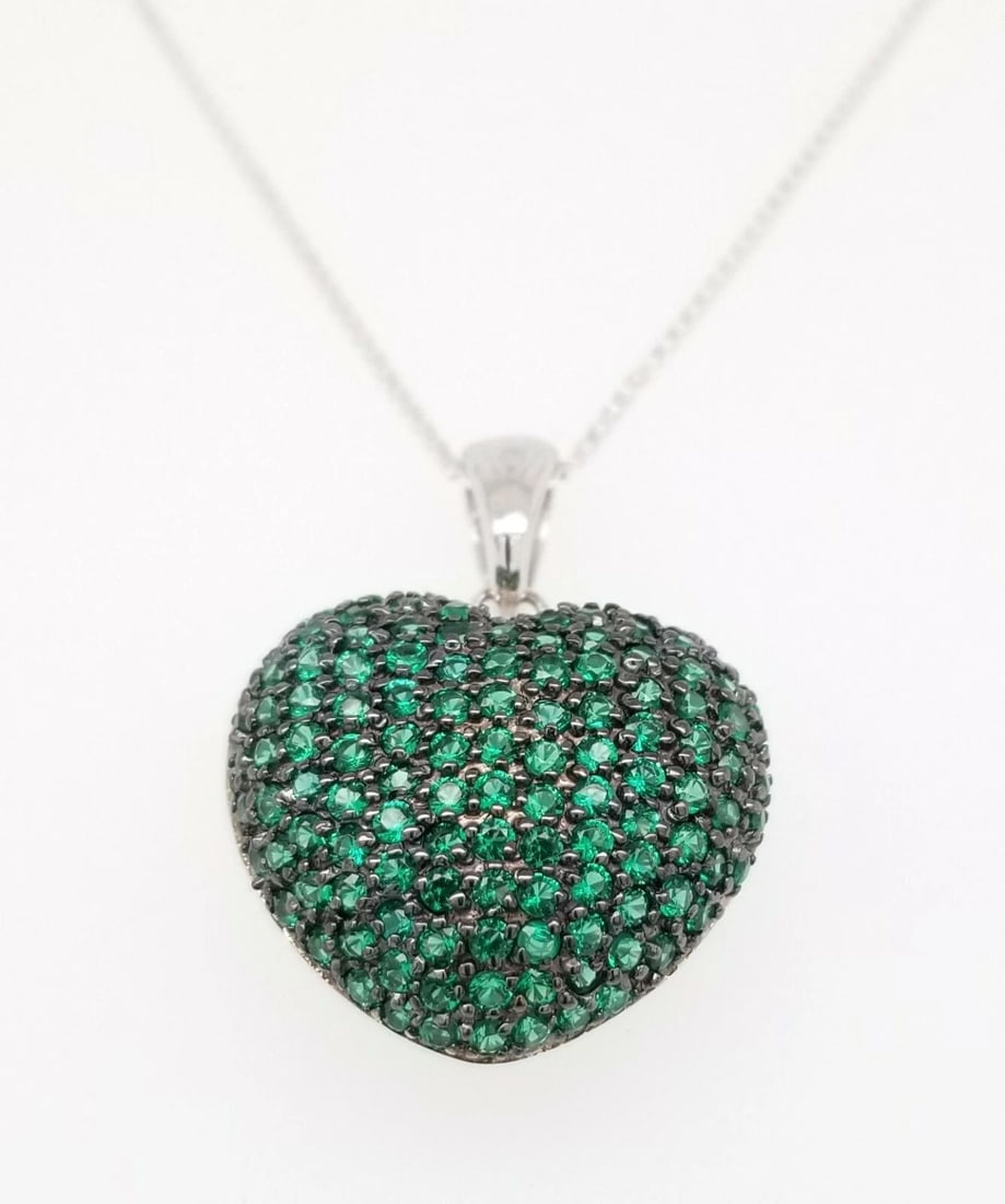 14K WHITE GOLD NECKLACE HEART SHAPE PENDANT 2.15CT NATURAL GREEN EMERALD (1 of 2)