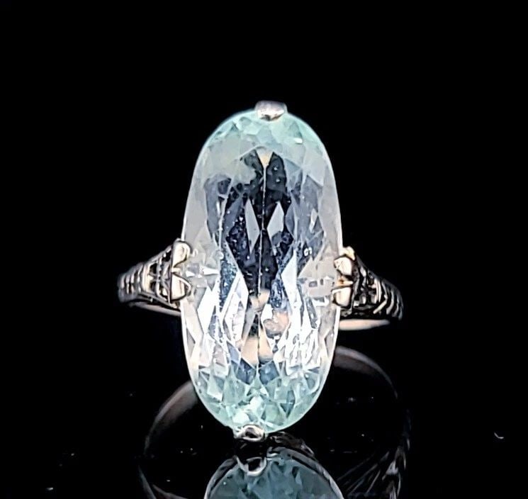 VINTAGE FILIGREE 14K WHITE GOLD RING 9.28CT. NATURAL AQUAMARINE OVAL SHAPE (1 of 2)