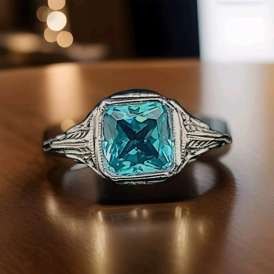 VINTAGE FILIGREE 18K WHITE GOLD ENGAGEMENT RING 1.93CT. LAB-GROWN AQUAMARINE: VINTAGE FILIGREE 18K WHITE GOLD ENGAGEMENT RING 1.93CT. AQUAMARINE RADIANT Gorgeous 18k white gold Engagement ring filigree art deco Radiant cut Gem Aquamarine circ 1920s center set lab grown Radiant