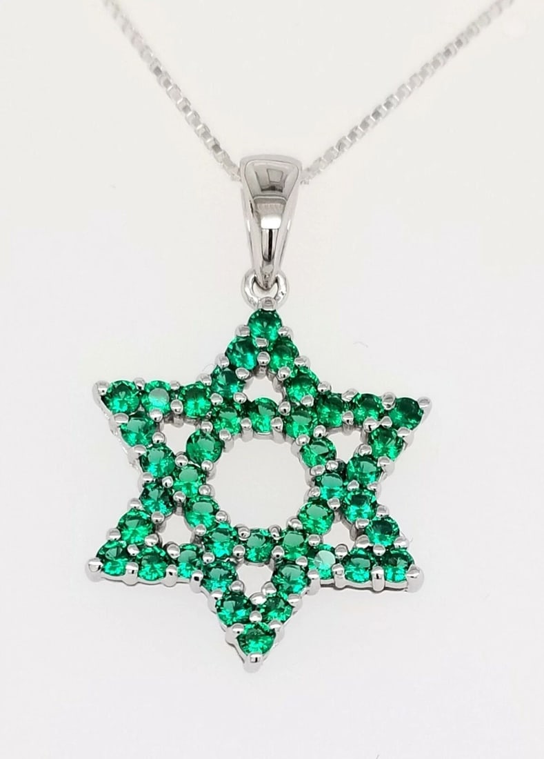 14K WHITE GOLD NECKLACE STAR DAVID PENDANT 2.25CT NATURAL GREEN EMERALD (1 of 2)