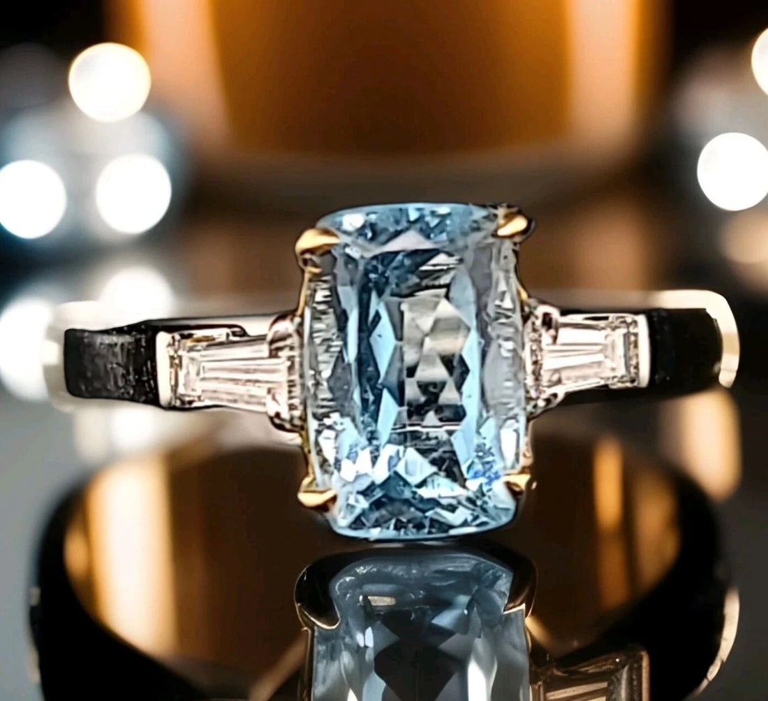 PLATINUM & 18K YELLOW GOLD 1.89CT. NATURAL AQUAMARINE CUSHION ENGAGEMENT RING: PLATINUM & 18K YELLOW GOLD 1.89CT. NATURAL AQUAMARINE CUSHION ENGAGEMENT RING GORGEOUS platinum natural aquamarine ring center natural aquamarine cushion shape weight 1.89ct. size 9.5x6.3mm very livel