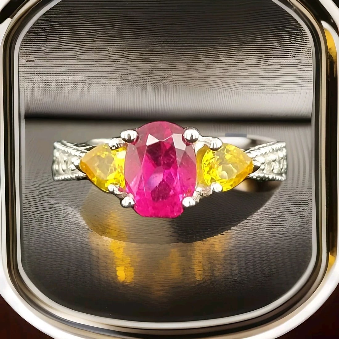 18K WHITE GOLD ENGAGEMENT RING 1.10CT NATURAL PINK TOURMALINE YELLOW SAPPHIRE: 18K WHITE GOLD ENGAGEMENT RING 1.10CT NATURAL PINK TOURMALINE YELLOW SAPPHIRE GORGEOUS 18K white gold natural tourmaline ring center natural tourmaline pink color in oval cut weight 1.10ct. size 8x6mm