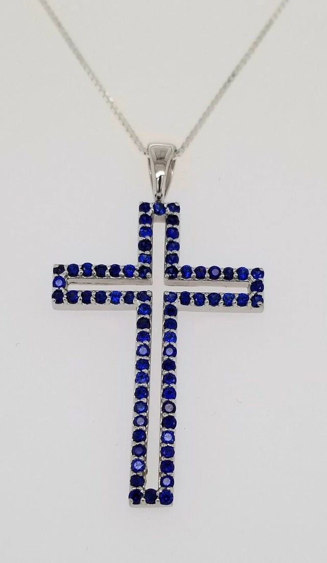14K WHITE GOLD NECKLACE CROSS PENDANT 1.45CT NATURAL BLUE SAPPHIRE (1 of 2)