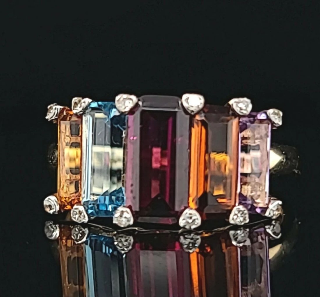 14K YELLOW GOLD RING 5.65CT. AMETHYST BLUE TOPAZ CITRINE IN EMERALD SHAPE (1 of 2)