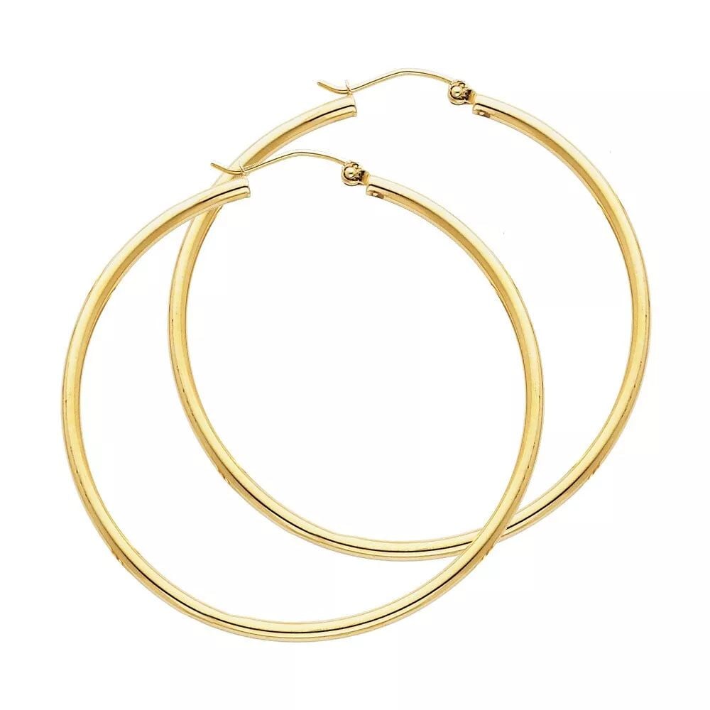NEW 14K YELLOW GOLD 2MM ROUND TUBE POLISHED HOOP EARRINGS (35MM) 14K Yellow Gold NEW 2MM ROUND TUBE (1 of 2)