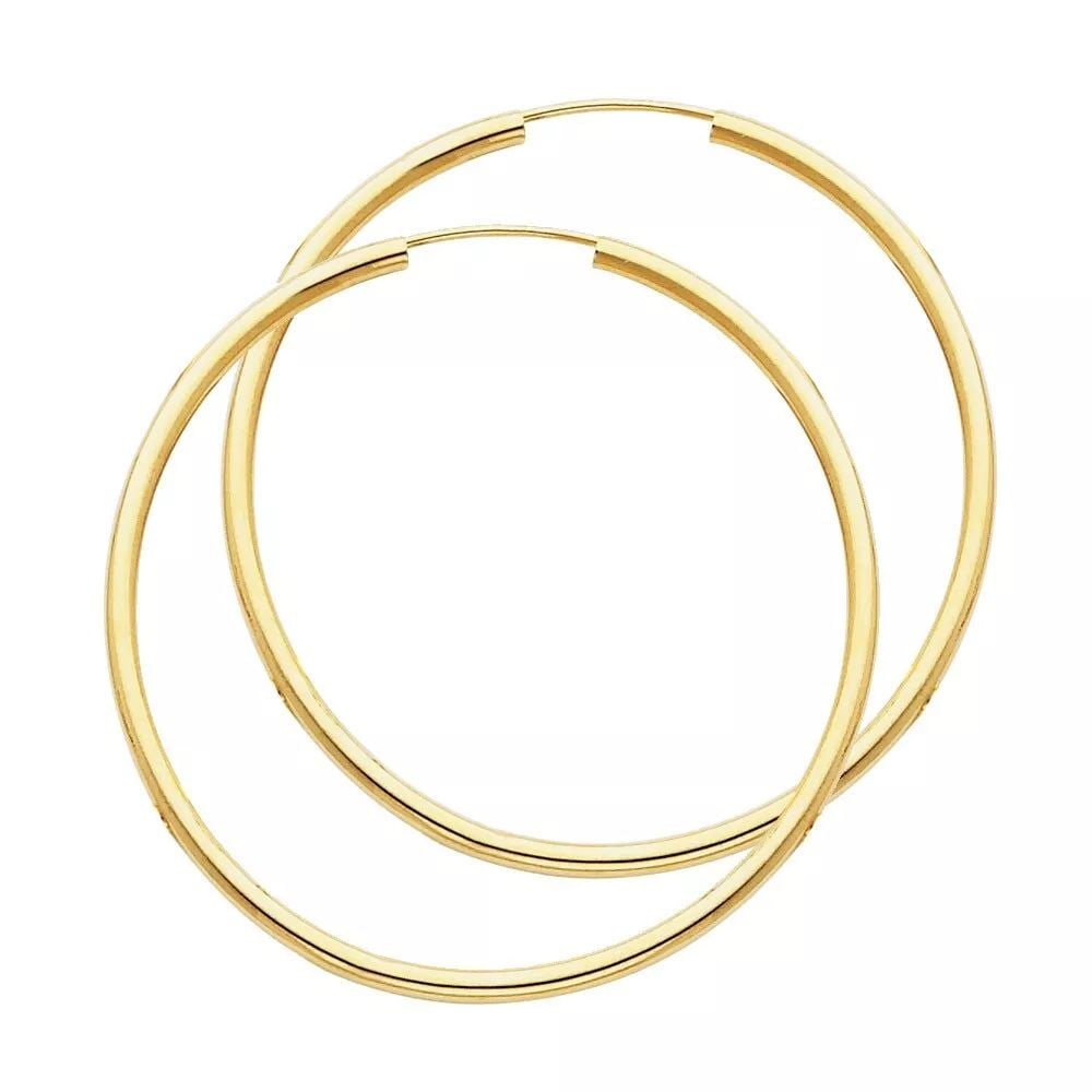 NEW 14K YELLOW GOLD 2MM ROUND TUBE POLISHED ENDLESS HOOP EARRINGS (35MM) 14K Yellow Gold NEW 2MM (1 of 2)