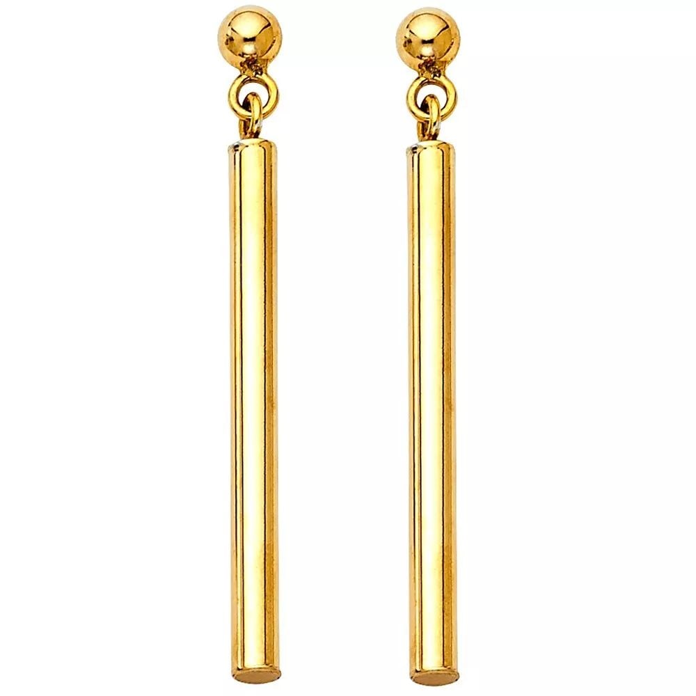 NEW 14K YELLOW GOLD ROUND BAR HANGING EARRINGS 14K Yellow Gold NEW ROUND BAR HANGING EARRINGS: NEW 14K YELLOW GOLD ROUND BAR HANGING EARRINGS 14K Yellow Gold NEW ROUND BAR HANGING EARRINGS WEIGHT: 1.4g