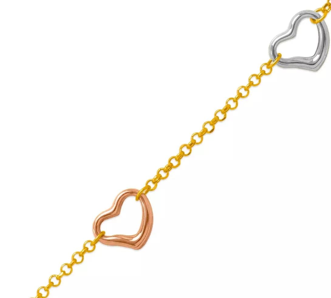NEW 14K TRI COLOR GOLD CHARM ANKLET 14K Tri color Gold Approx. 2.2mm Link Approx. 10mm Charm High: NEW 14K TRI COLOR GOLD CHARM ANKLET 14K Tri color Gold Approx. 2.2mm Link Approx. 10mm Charm High Polished Lobster Lock Weight: 3.0 Grams
