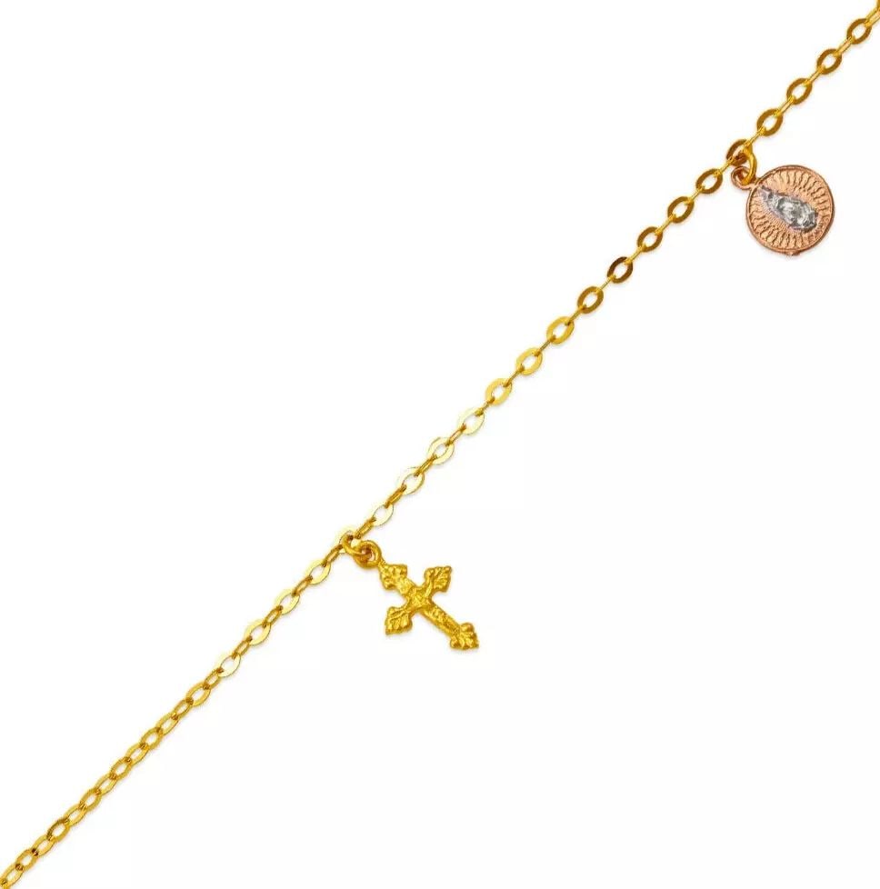 NEW 14K TRI COLOR GOLD RELIGIOUS CHARM ANKLET 14K Tricolor Gold Approx. 2.0mm Bracelet, 14mm Charms: NEW 14K TRI COLOR GOLD RELIGIOUS CHARM ANKLET 14K Tricolor Gold Approx. 2.0mm Bracelet, 14mm Charms High Polished Lobster Lock Weight: 3.8 Grams