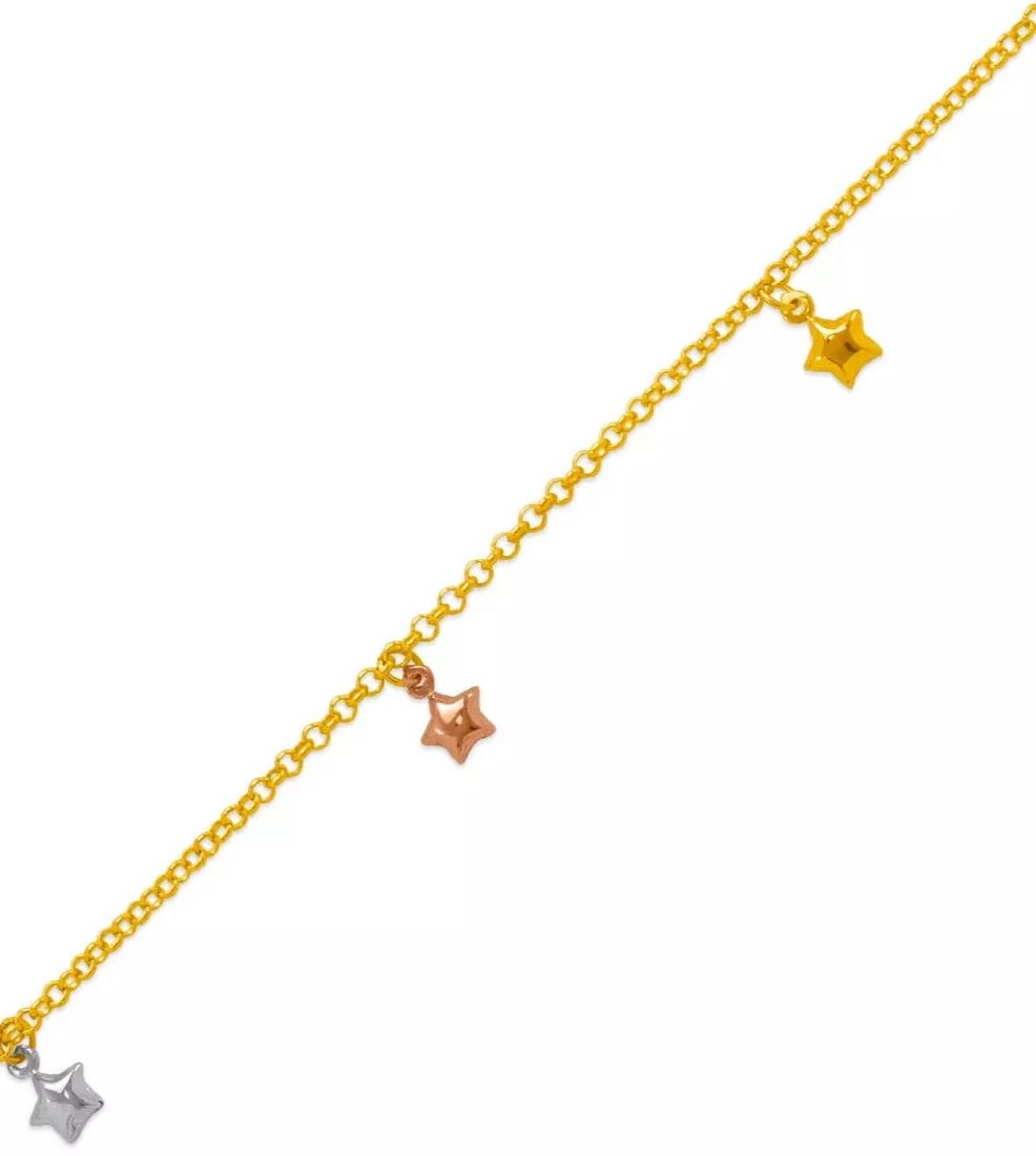 NEW 14K TRI COLOR GOLD CHARM ANKLET 14K Tri color Gold Approx. 2.2mm Link Approx. 8.5mm Charm High: NEW 14K TRI COLOR GOLD CHARM ANKLET 14K Tri color Gold Approx. 2.2mm Link Approx. 8.5mm Charm High Polished/Diamond Cut Lobster Lock Weight: 4.0 Grams