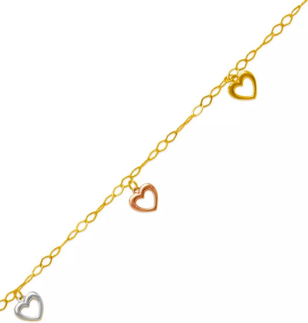 NEW 14K TRI COLOR GOLD CHARM ANKLET 14K Tri color Gold Approx. 2.5mm Link Approx. 9mm Charm High: NEW 14K TRI COLOR GOLD CHARM ANKLET 14K Tri color Gold Approx. 2.5mm Link Approx. 9mm Charm High Polished Lobster Lock Weight: 3.1 Grams