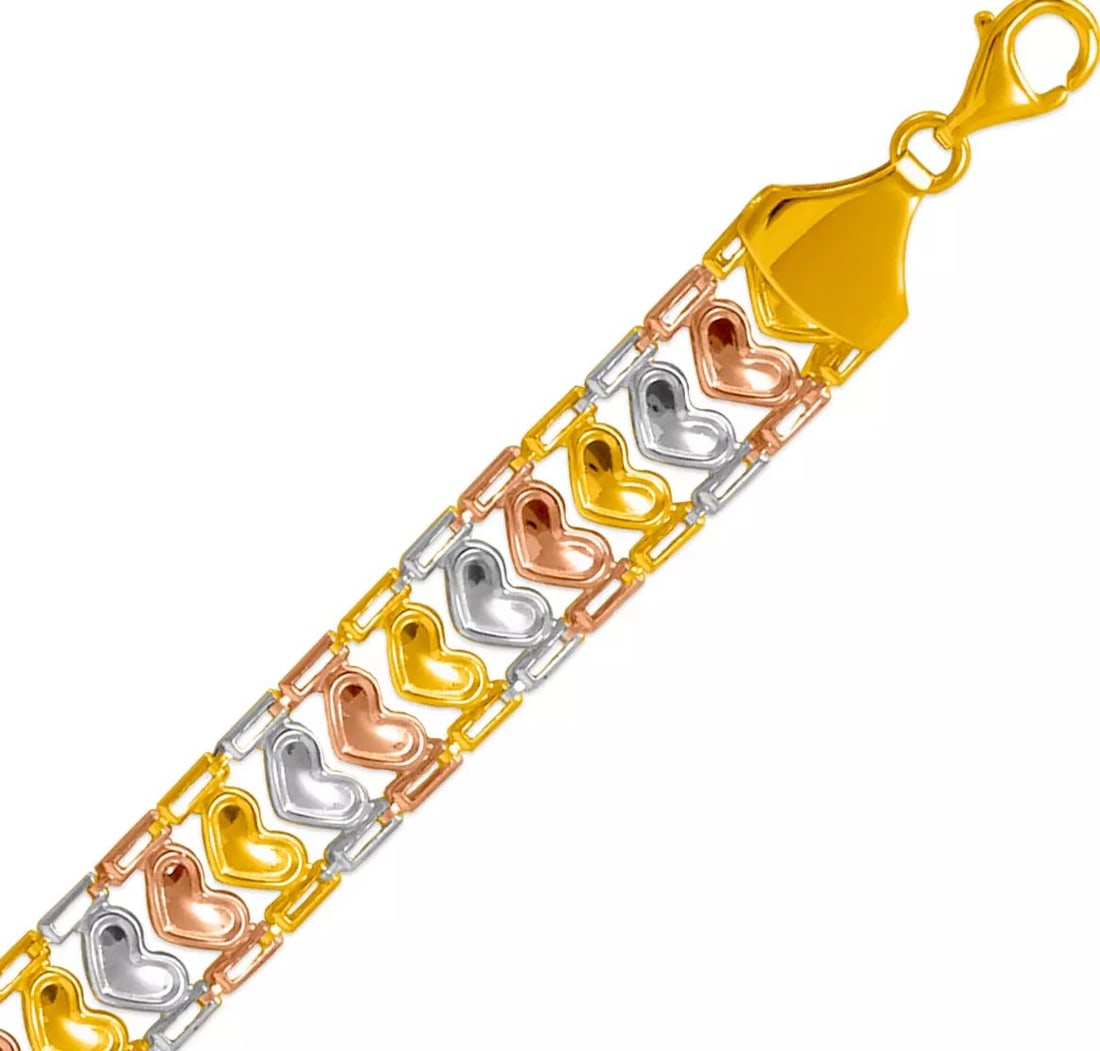 NEW 14K TRICOLOR GYPSY BRACELET 11mm 14K Tricolor Gold Approx. 11mm Wide High Polished Lobster Lock: NEW 14K TRICOLOR GYPSY BRACELET 11mm 14K Tricolor Gold Approx. 11mm Wide High Polished Lobster Lock Length : 7" Inch Weight: 6.4 Grams