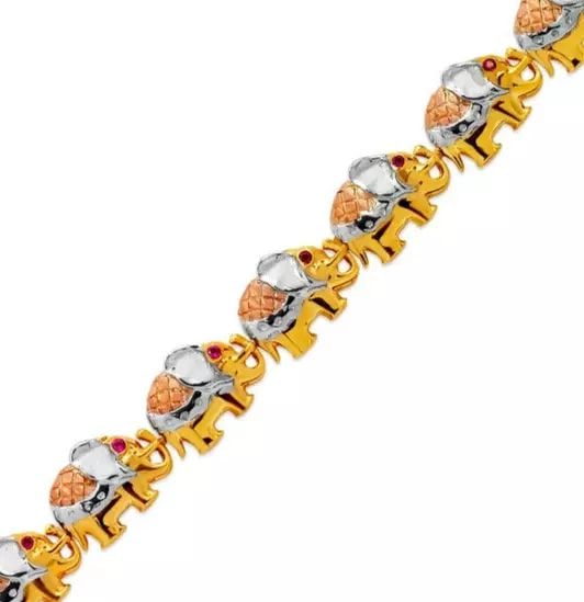 NEW 14K TRI COLOR GOLD FANCY ELEPHANT CZ BRACELET 10 mm 14K Tricolor Gold Approx. 10mm Wide High: NEW 14K TRI COLOR GOLD FANCY ELEPHANT CZ BRACELET 10 mm 14K Tricolor Gold Approx. 10mm Wide High Polished/Cubic Zirconia Length : 7" Inch Weight: 15.4 Grams