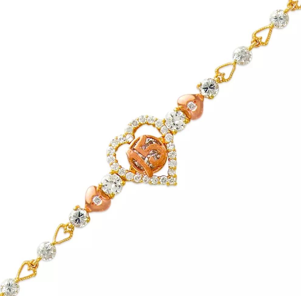 NEW 14K TWO TONE GOLD FANCY 15 ANOS CZ BRACELET 14K Two Tone Gold Approx. 4mm Wide, 14mm Center: NEW 14K TWO TONE GOLD FANCY 15 ANOS CZ BRACELET 14K Two Tone Gold Approx. 4mm Wide, 14mm Center Length : 7" Inch Weight: 8.5 Grams