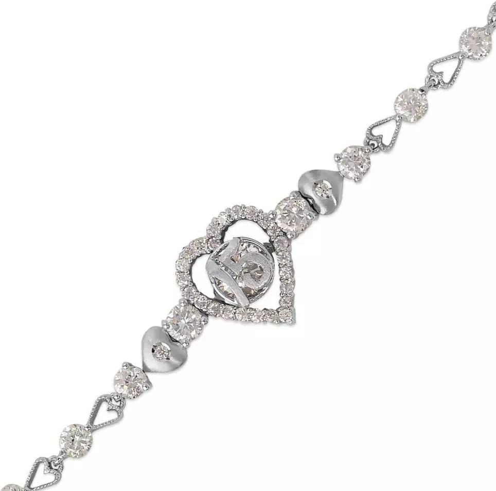 NEW 14K WHITE GOLD FANCY 15 ANOS CZ BRACELET 14K White Gold Approx. 4mm Wide, 14mm Center Items in: NEW 14K WHITE GOLD FANCY 15 ANOS CZ BRACELET 14K White Gold Approx. 4mm Wide, 14mm Center Items in this Set: Earrings, Necklace, Pendant, Ring Length : 7" Inch Weight: 8.5 Grams