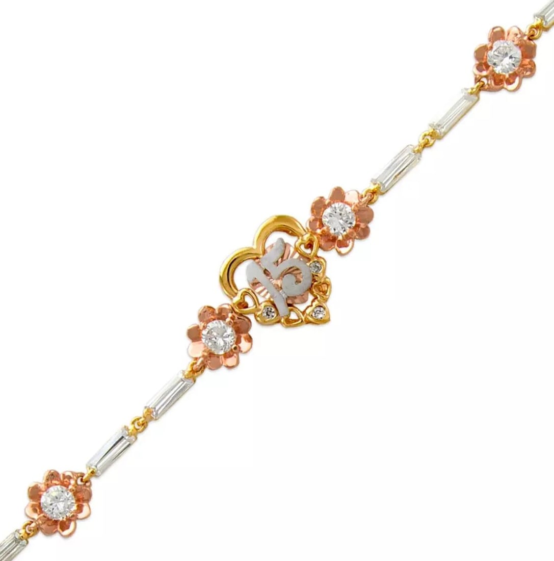 NEW 14K TRI COLOR GOLD 15 ANOS HEART CZ BRACELET 14K Tricolor Gold Approx. 2mm Wide, 13mm Center: NEW 14K TRI COLOR GOLD 15 ANOS HEART CZ BRACELET 14K Tricolor Gold Approx. 2mm Wide, 13mm Center Items in this Set: Earrings, Pendant, Ring Length : 7" Inch Weight: 7.1 Grams