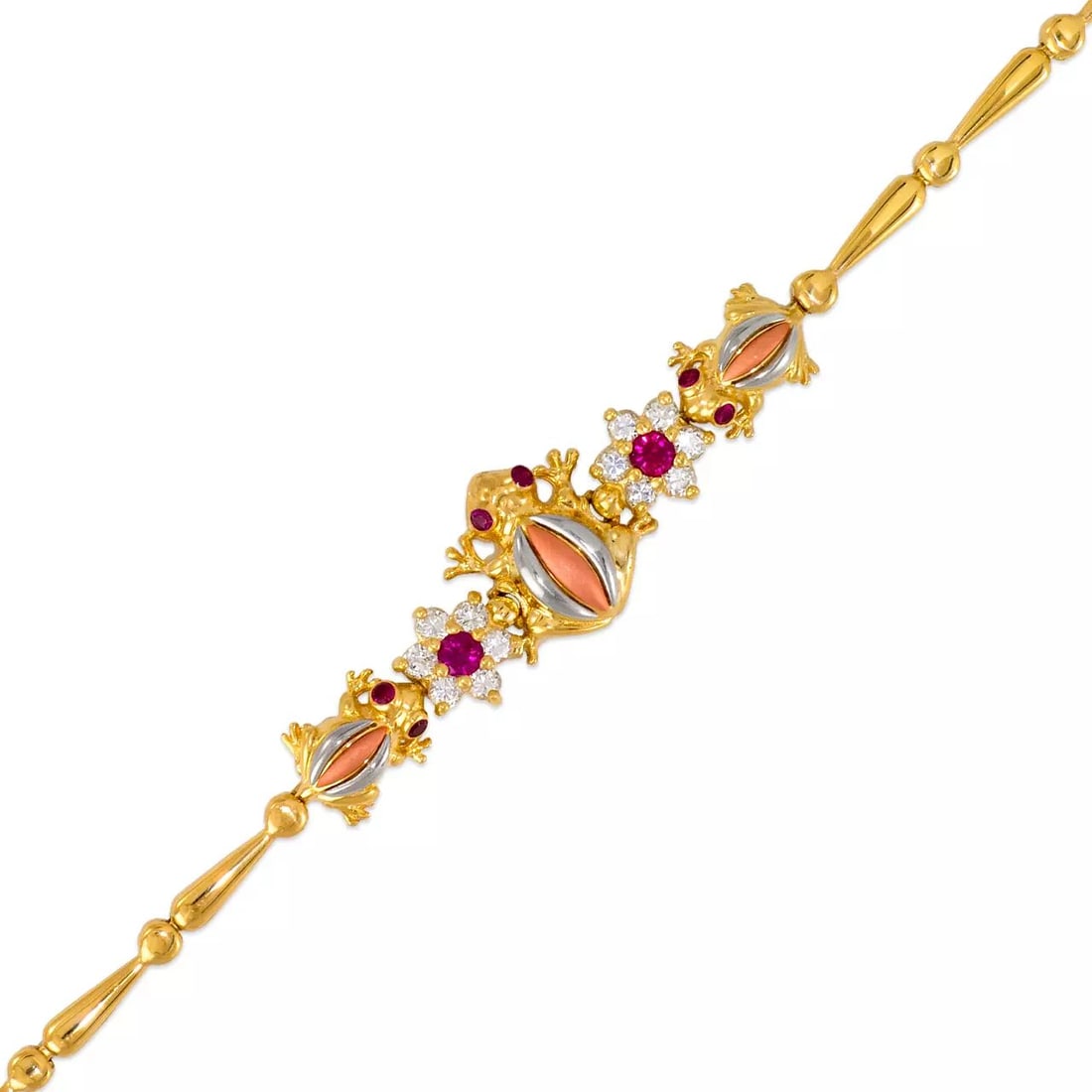 NEW 14K TRI COLOR GOLD FANCY FANCY FROG CZ BRACELET 14K Tricolor Gold Approx. 2mm Wide, 13mm Center: NEW 14K TRI COLOR GOLD FANCY FANCY FROG CZ BRACELET 14K Tricolor Gold Approx. 2mm Wide, 13mm Center High Polished/Satin Finished/Cubic Zirconia Items in this Set: Earrings, Pendant, Ring Length : 7" I