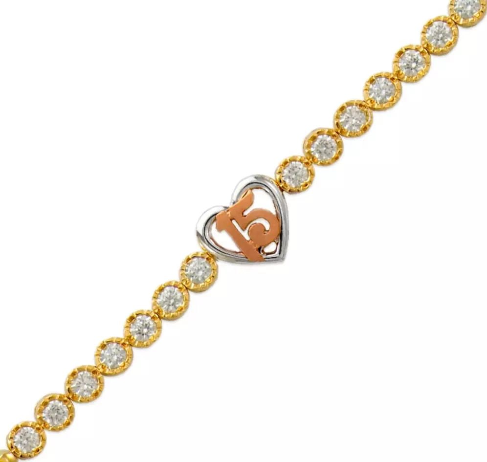 NEW 14K TRI COLOR GOLD 15 ANOS HEART CZ BRACELET 4mm 14K Tricolor Gold Approx. 4mm Wide, 10mm Center: NEW 14K TRI COLOR GOLD 15 ANOS HEART CZ BRACELET 4mm 14K Tricolor Gold Approx. 4mm Wide, 10mm Center Length : 7" Inch Weight: 10.2 Grams