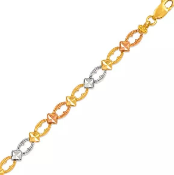 NEW 14K TRI COLOR GOLD FACETED DIAMOND CUT BRACELET 5mm 14K Tricolor Gold Approx. 5mm Wide High: NEW 14K TRI COLOR GOLD FACETED DIAMOND CUT BRACELET 5mm 14K Tricolor Gold Approx. 5mm Wide High Polished/Diamond Cut Lobster Lock Length : 7" Inch Weight: 5.1 Grams