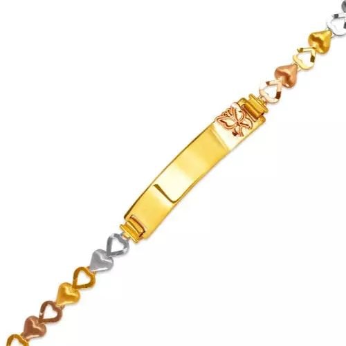 NEW 14K TRI COLOR GOLD KIDS BUTTERFLY ID BRACELET 4mm 14K Tricolor Gold Approx. 4mm Wide, 6mm Center: NEW 14K TRI COLOR GOLD KIDS BUTTERFLY ID BRACELET 4mm 14K Tricolor Gold Approx. 4mm Wide, 6mm Center High Polished Lobster Lock Additional Sizes Available. Please Contact Customer Service for Details.