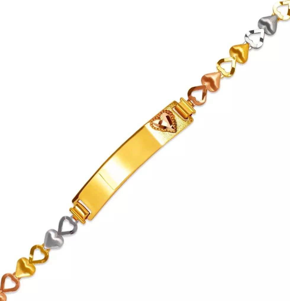 NEW 14K TRI COLOR GOLD KIDS HEART ID BRACELET 4mm 14K Tricolor Gold Approx. 4mm Wide, 6mm Center (1 of 2)