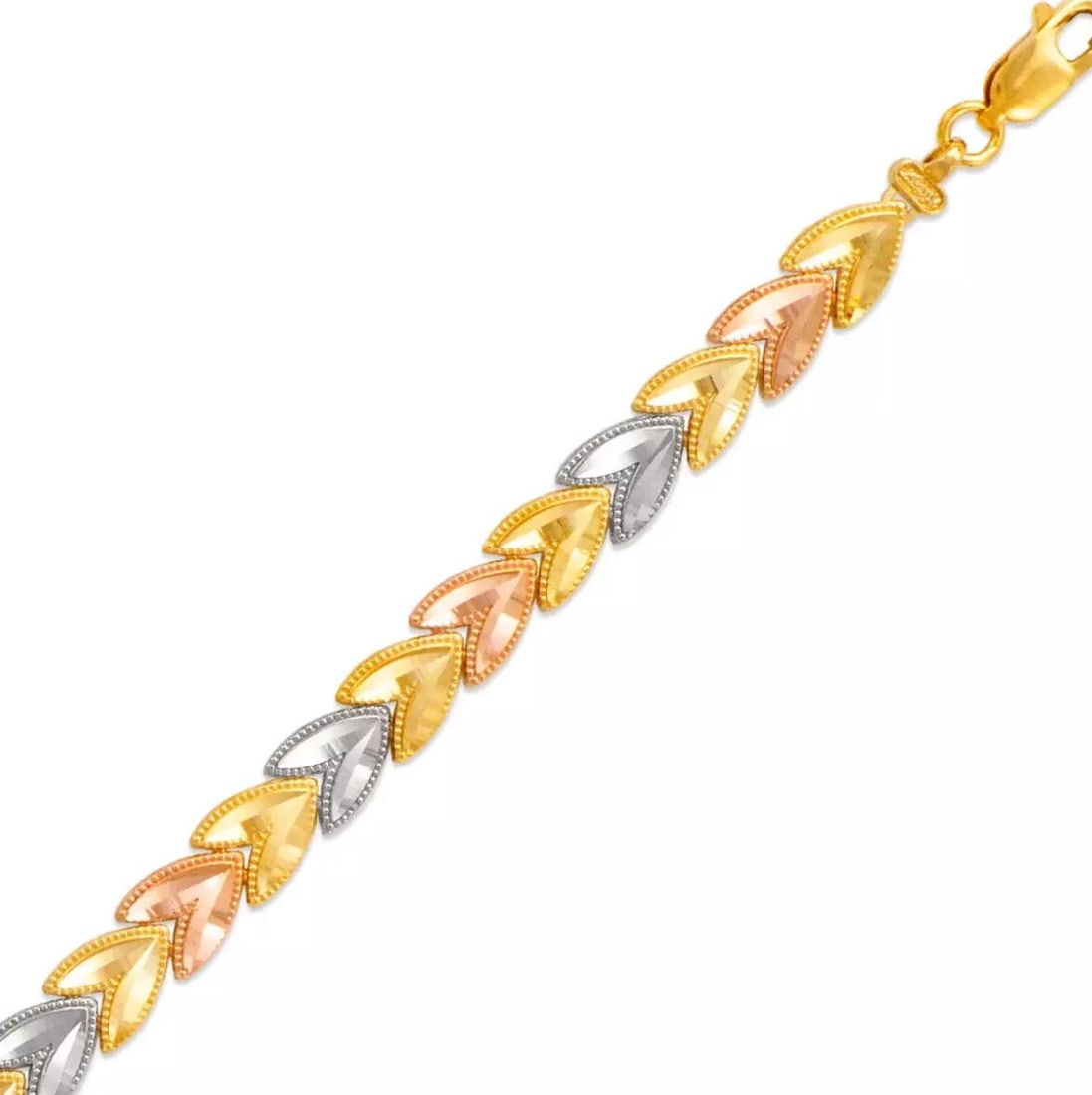 NEW 14K TRI COLOR GOLD FACETED DIAMOND CUT BRACELET 14K Tricolor Gold Approx. 6mm Wide High: NEW 14K TRI COLOR GOLD FACETED DIAMOND CUT BRACELET 14K Tricolor Gold Approx. 6mm Wide High Polished/Diamond Cut Available in Yellow Gold Lobster Lock Length : 7" Inch Weight: 6.9 Grams
