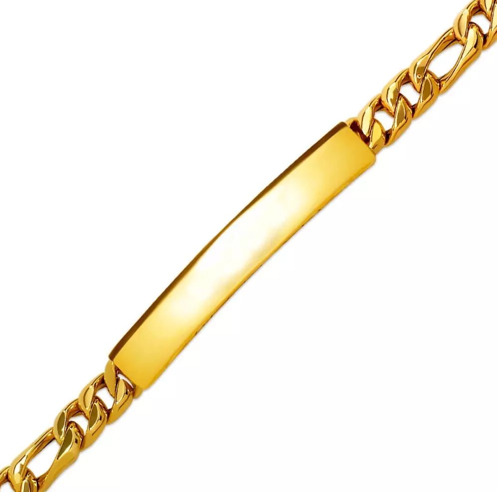 NEW 14K YELLOW GOLD HOLLOW FIGARO ID BRACELET 14K Yellow Gold Approx. 060 Gauge (7mm ID, 6mm: NEW 14K YELLOW GOLD HOLLOW FIGARO ID BRACELET 14K Yellow Gold Approx. 060 Gauge (7mm ID, 6mm Bracelet) High Polished Lobster Lock Available in Yellow Pave Gold Length : 6" Inch Weight: 9.2 Grams