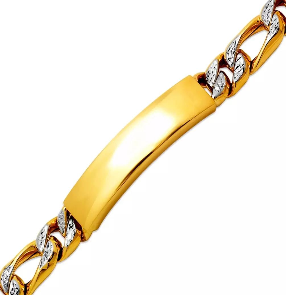 NEW 14K YELLOW GOLD WITH WHITE PAVE FIGARO ID BRACELET 14K White Pave Gold Approx. 090 Gauge (10mm: NEW 14K YELLOW GOLD WITH WHITE PAVE FIGARO ID BRACELET 14K White Pave Gold Approx. 090 Gauge (10mm ID, 9mm Bracelet) High Polished Diamond Cut Lobster Lock Length : 8.5" Inch Weight: 21.2 Grams