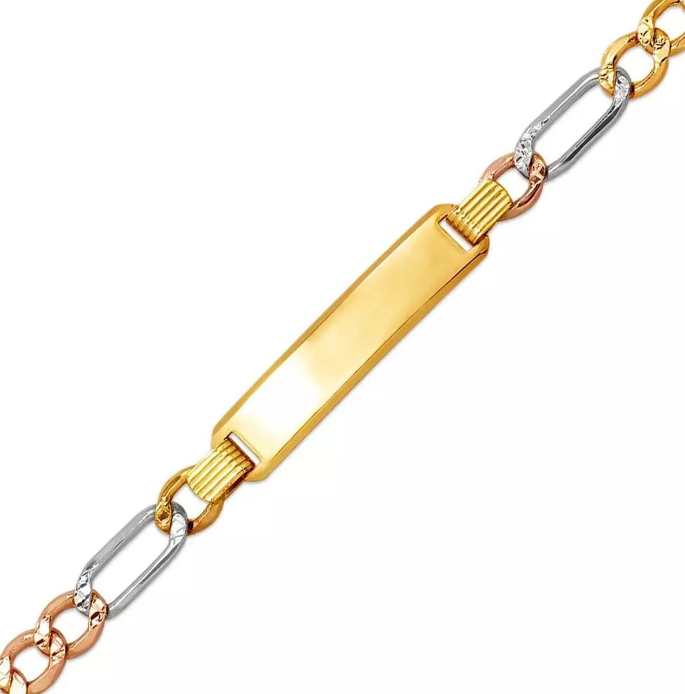 NEW 14K TRI COLOR GOLD KIDS HOLLOW FIGARO ID BRACELET 14K Tricolor Gold 120 Gauge High (1 of 2)