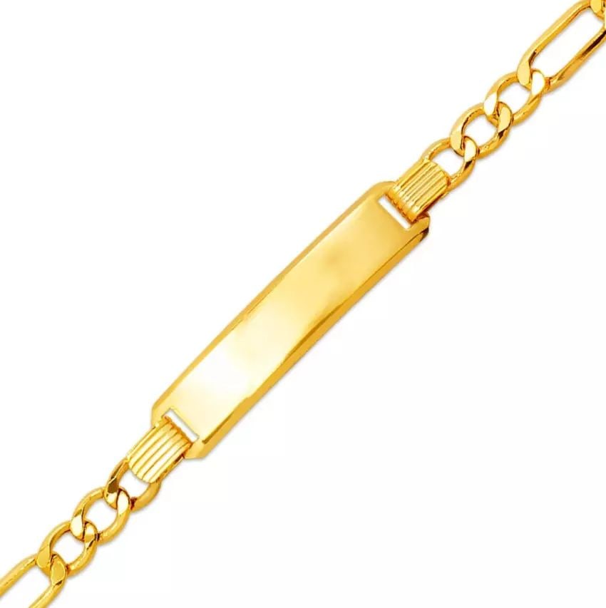 NEW 14K YELLOW GOLD KIDS HOLLOW FIGARO ID BRACELET 14K Yellow Gold 100 Gauge High Polished Hollow: NEW 14K YELLOW GOLD KIDS HOLLOW FIGARO ID BRACELET 14K Yellow Gold 100 Gauge High Polished Hollow Lobster Lock Available in White Pave and Tricolor Gold Additional Sizes Available. Length : 6" Inch We