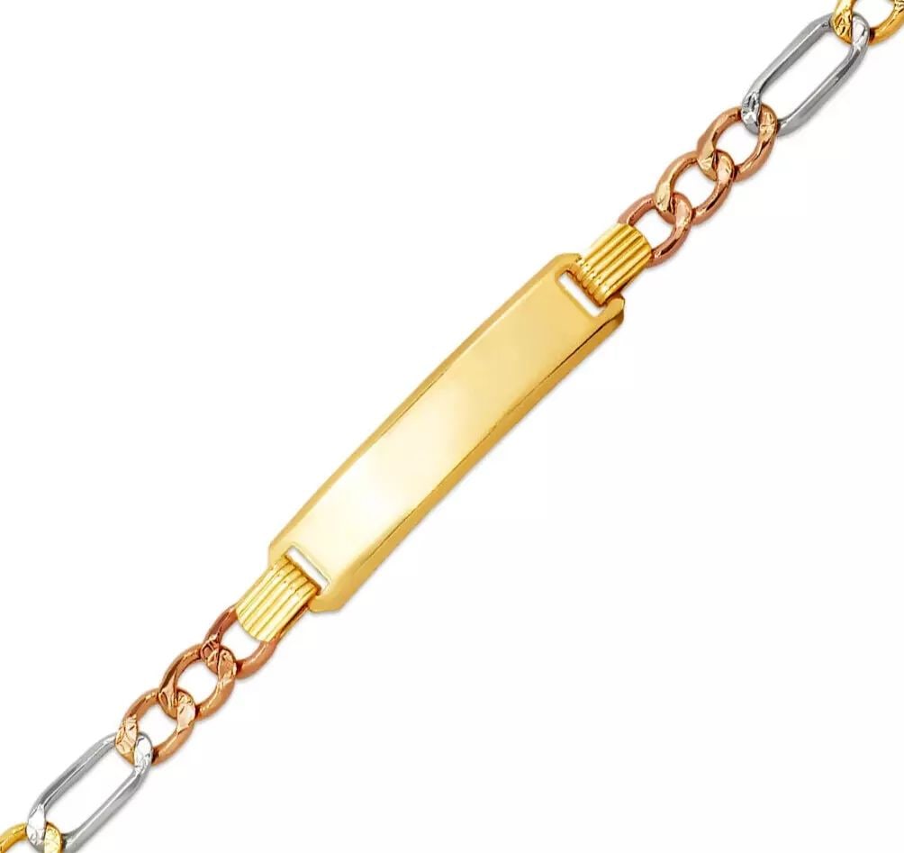 NEW 14K TRI COLOR GOLD KIDS HOLLOW FIGARO ID BRACELET 14K Tricolor Gold 100 Gauge High: NEW 14K TRI COLOR GOLD KIDS HOLLOW FIGARO ID BRACELET 14K Tricolor Gold 100 Gauge High Polished/Diamond Cut Hollow Lobster Lock Available in Yellow and White Pave Gold Additional Sizes Available. Leng